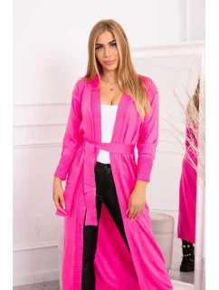 Sweter długi kardigan wiązany w talii różowy neón