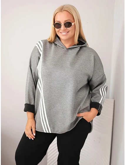 Dámska mikina Plus Size z viskózy s kapucňou a ozdobnými pásikmi, tmavošedá Dámska mikina Plus Size z viskózy s kapucňou a ozdobnými pásikmi, tmavošedá