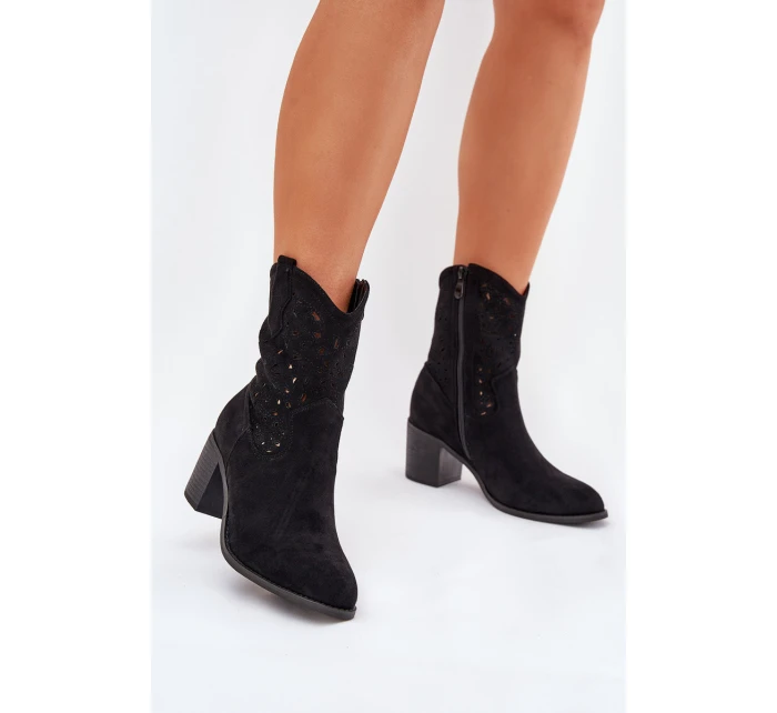 Dámské Ažurové Kožené Botky Na Podpatku model 21686926 Černé - S.Barski