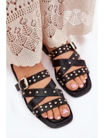 Zdobené Dámské Pantofle Na Plochém Podpatku S Pásky A Přezkou Černé model 21699522 - Boto Zdobené Dámské Pantofle Na Plochém Podpatku S Pásky A Přezkou Černé model 21699522 - Boto