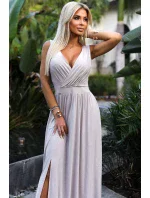 467-2 LOUISE dlhé šaty s výstrihom a rozparkom na nohách - béžové s trblietkami 467-2 LOUISE dlhé šaty s výstrihom a rozparkom na nohách - béžové s trblietkami