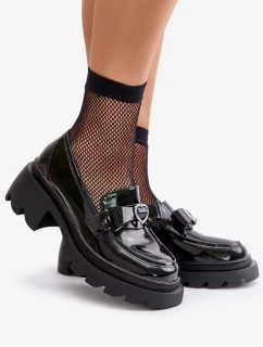 Dámske čierne kožené mokasíny so srdcom a mašľou D&A