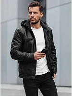 Pánska kožená zateplená bunda s kapucňou, čierna, FashionStreet TX5145 Pánska kožená zateplená bunda s kapucňou, čierna, FashionStreet TX5145