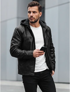 Pánska kožená zateplená bunda s kapucňou, čierna, FashionStreet TX5145