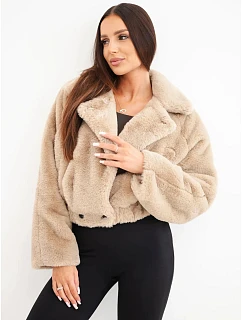 Dámská kožešinová bomber bunda s límcem a kapsami camelová