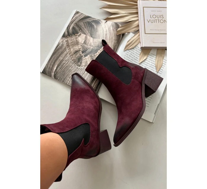 Kožené semišové dámské boty na podpatku vyhřívané model 21712879 bordó - Artiker