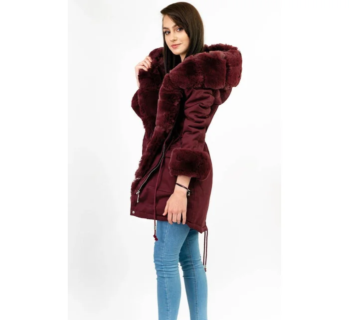 Bavlnená bunda typu parka vo vínovej farbe s kožušinou (xw805x)