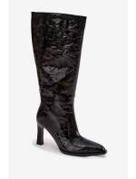 Zdobené Lakované Kozačky Dámské Na Podpatku model 21713951 Černé - D&A