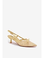 Dámské krajkové sandály na podpatku s mašlí Žluté model 22107289 - Boto