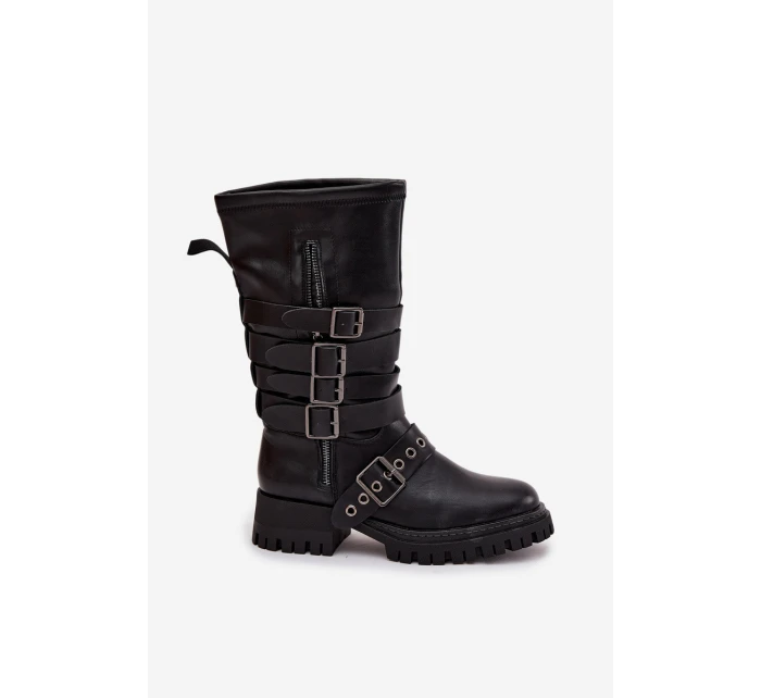Ocieplane Kozaki Damskie Z Paskami I Klamrami Czarne Ivaline