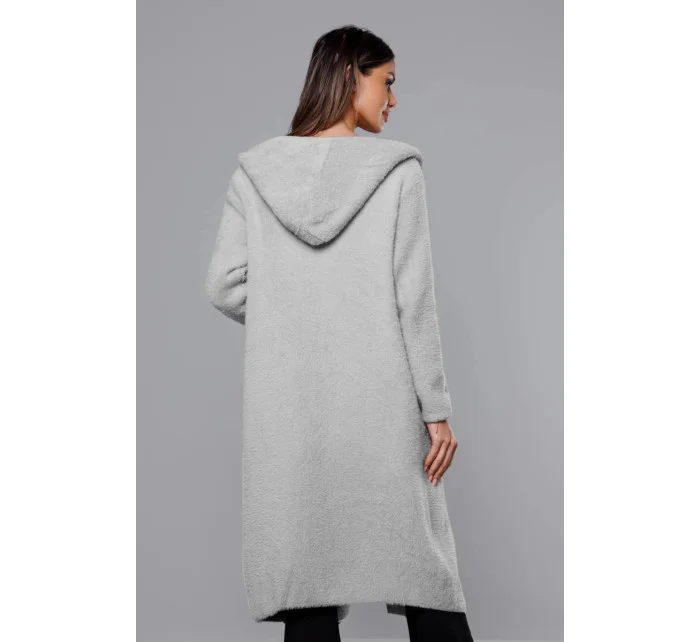 Svetlosivý dlhý vlnený prehoz cez oblečenie typu alpaka s kapucňou (M105-1)