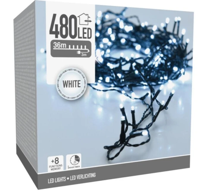 VIANOČNÝ STROMČEK SVETELNÁ REŤAZ 480 VIEDOL ČASOVAČ STUDENÁ BIELA