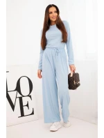 Dámska súprava z viskózy s blúzkou a širokými nohavicami modrá