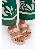 Klapki Damskie Na Platformie Ze Złotymi Klamrami Beżowe Wernone