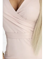 model 22112271 NINA elegantní šaty s obálkovým výstřihem, rukávy a páskem béžové se třpytkami - numoco