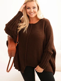 Dámský svetr Plus Size z model 21297042 s volným střihem a rukávem 3/4 hnědý - K-Fashion