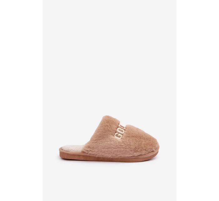 Kapcie Damskie Z Futerkiem I Napisem Brązowe Kalelia