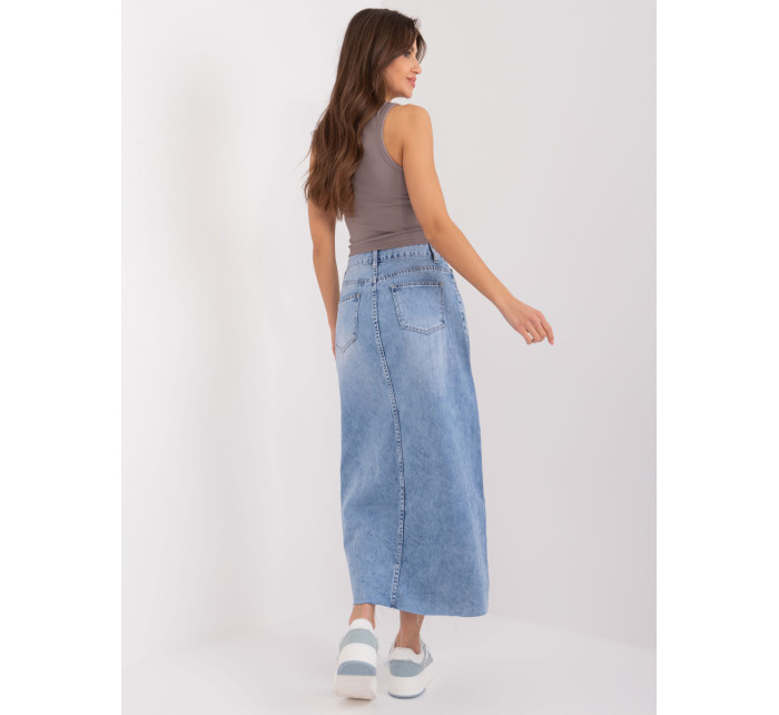 Modrá midi džínsová sukňa s potlačou