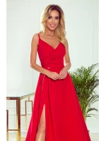 299-1 CHIARA elegantné dlhé maxi šaty bez ramienok - ČERVENÉ
