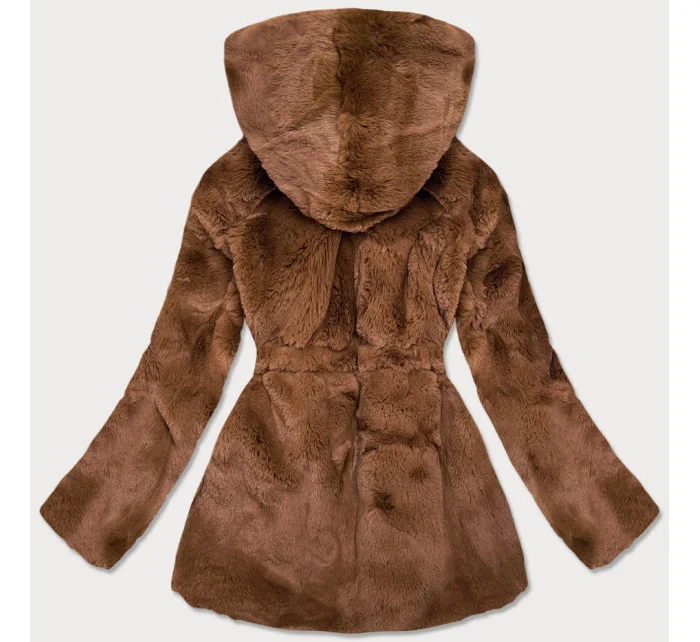 Hnedá dámska bunda - kožúšok s kapucňou (BR9743-22)