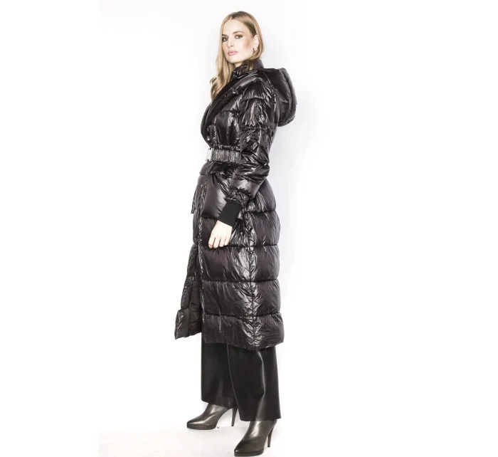 Čierna dlhá dámska bunda s opaskom (ag8-8002)