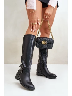 Kozaki Damskie Przed Kolano Na Płaskim Obcasie Z Klamrami Czarne Lotina