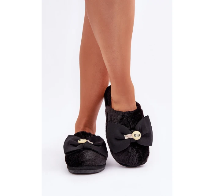 Kapcie Damskie Z Futerkiem I Kokardą Czarne Olfedi