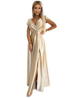 CRYSTAL - Dlhé zlaté saténové šaty s výstrihom 411-7