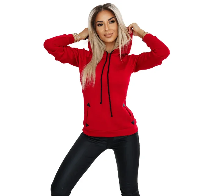 Červená teplá dámská mikina s kapucí a kapsami model 20616922 - numoco
