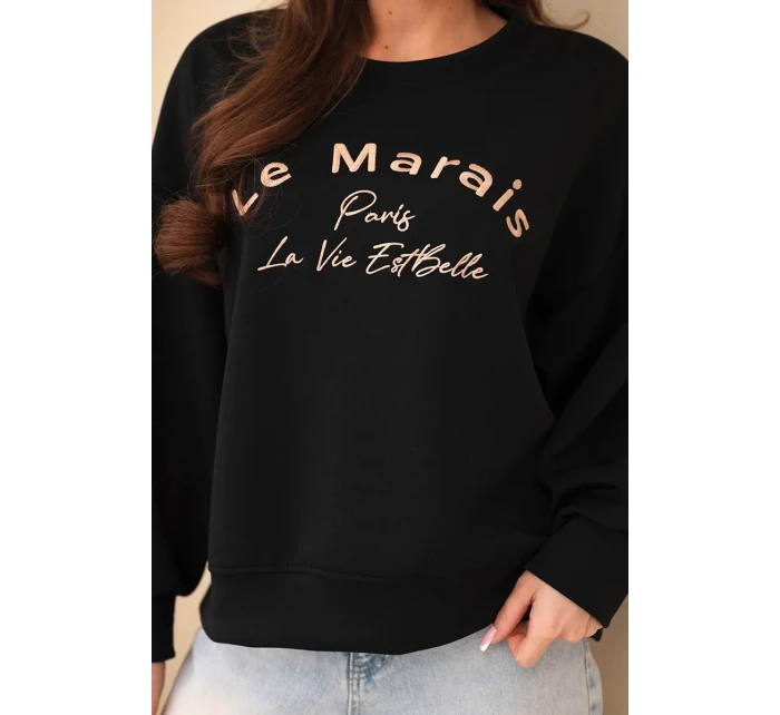 Dámská mikina máslová s výšivkou volného střihu černý