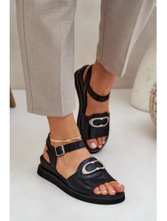 Lakierowane Sandały Damskie Na Koturnie Z Ozdobą Czarne Salianes