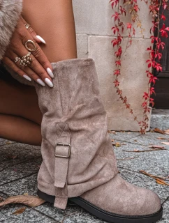 Kozaki Damskie Z Wywiniętą Cholewką Do Połowy Łydki Z Klamrą Khaki Minelle