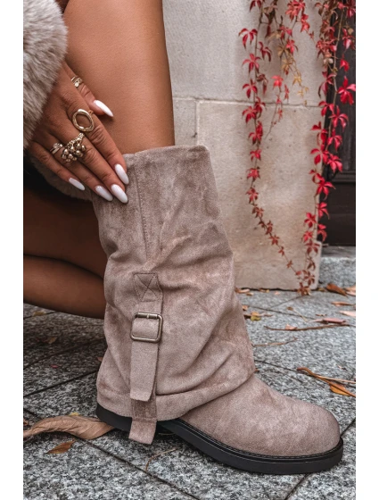 Kozaki Damskie Z Wywiniętą Cholewką Do Połowy Łydki Z Klamrą Khaki Minelle Kozaki Damskie Z Wywiniętą Cholewką Do Połowy Łydki Z Klamrą Khaki Minelle