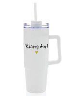 KRÁSNÝ DEN - bílý cestovní termohrnek s průhledným víčkem 900 ml
