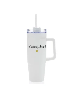 KRÁSNÝ DEN - bílý cestovní termohrnek s průhledným víčkem 900 ml