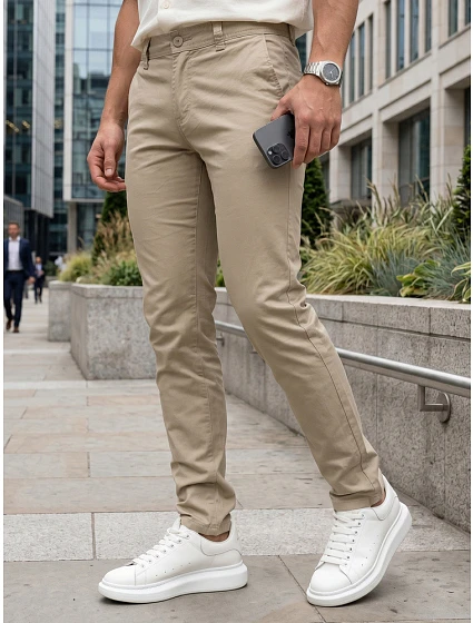 Pánske chinos nohavice s opaskom béžová FashionStreet UX4496 Pánske chinos nohavice s opaskom béžová FashionStreet UX4496