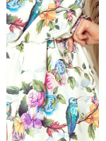 Dámske maxi šaty so zaväzovaním za krkom, s rozparkom a so vzorom farebných ruží a svetle modrých vtáčikov model 7429092