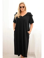 Dámske plus size bavlnené šaty s volánom na ramenách čierne