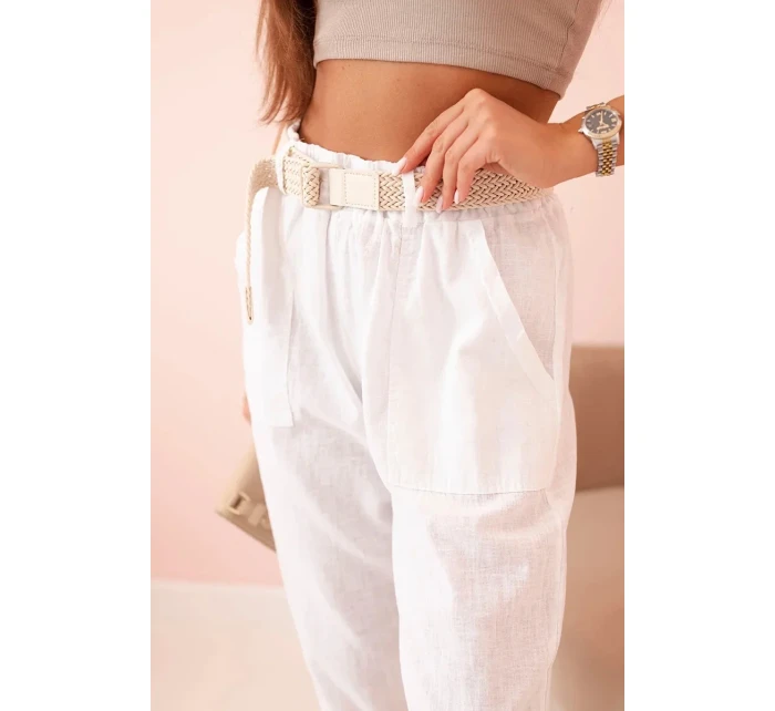 Dámske ľanové nohavice s bavlnou a opaskom biele