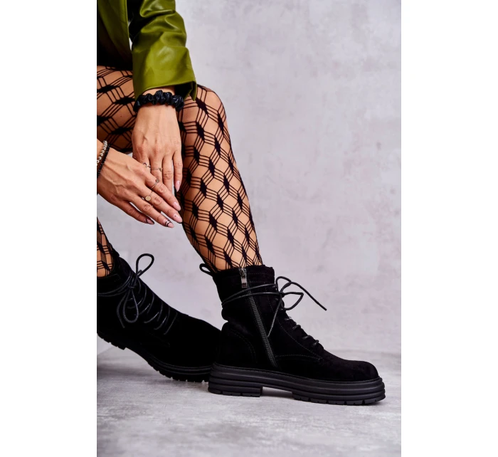 Damskie Zamszowe Botki Wiązane Czarne Afra Damskie Zamszowe Botki Wiązane Czarne Afra