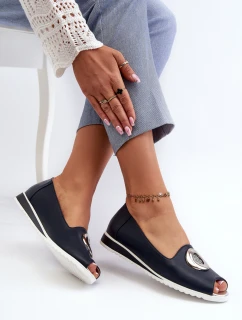 Czółenka Damskie Z Ozdobą Eko Skórzane Granatowe Biolita