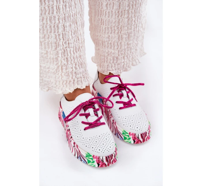 Skórzane Sneakersy Damskie Na Wzorzystej Platformie Vinceza 88017 Białe