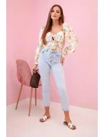 Dámska španielska blúzka s kvetinovým vzorom, dlhý rukáv, béžová