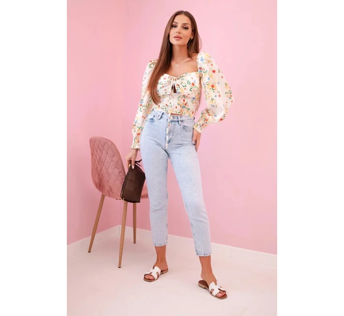 Dámska španielska blúzka s kvetinovým vzorom, dlhý rukáv, béžová