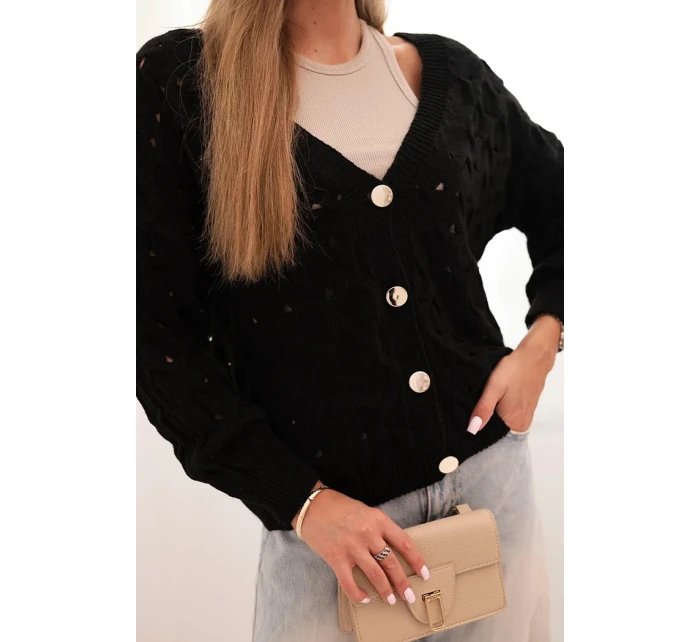 Dámsky sveter s výstrihom do V a zlatými gombíkmi čierny