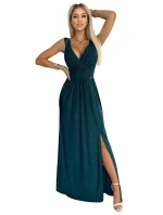 467-1 LOUISE dlhé brokátové šaty s výstrihom a rozparkom na nohách - BUTTER GREEN 467-1 LOUISE dlhé brokátové šaty s výstrihom a rozparkom na nohách - BUTTER GREEN