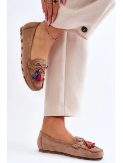 Zamszowe Mokasyny Z Kokardą I Frędzlami Ciemnobeżowe Dorine