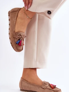 Zamszowe Mokasyny Z Kokardą I Frędzlami Ciemnobeżowe Dorine