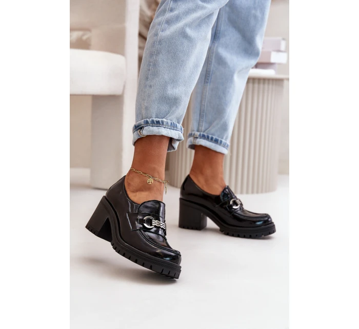 Zazoo 20175 Lakierowane Półbuty Damskie Na Słupku Skóra Naturalna Czarne