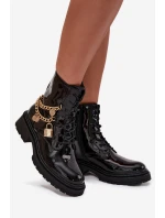Lakované Botky Worker Se Zlatým Zateplené Černé model 21706803 - Boto